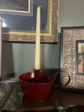 Vintage Rustic Red Speckled Metal Candle Holder with Handle